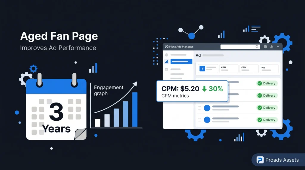 Aged Facebook Fan Page with engagement history showing lower ad costs and better delivery