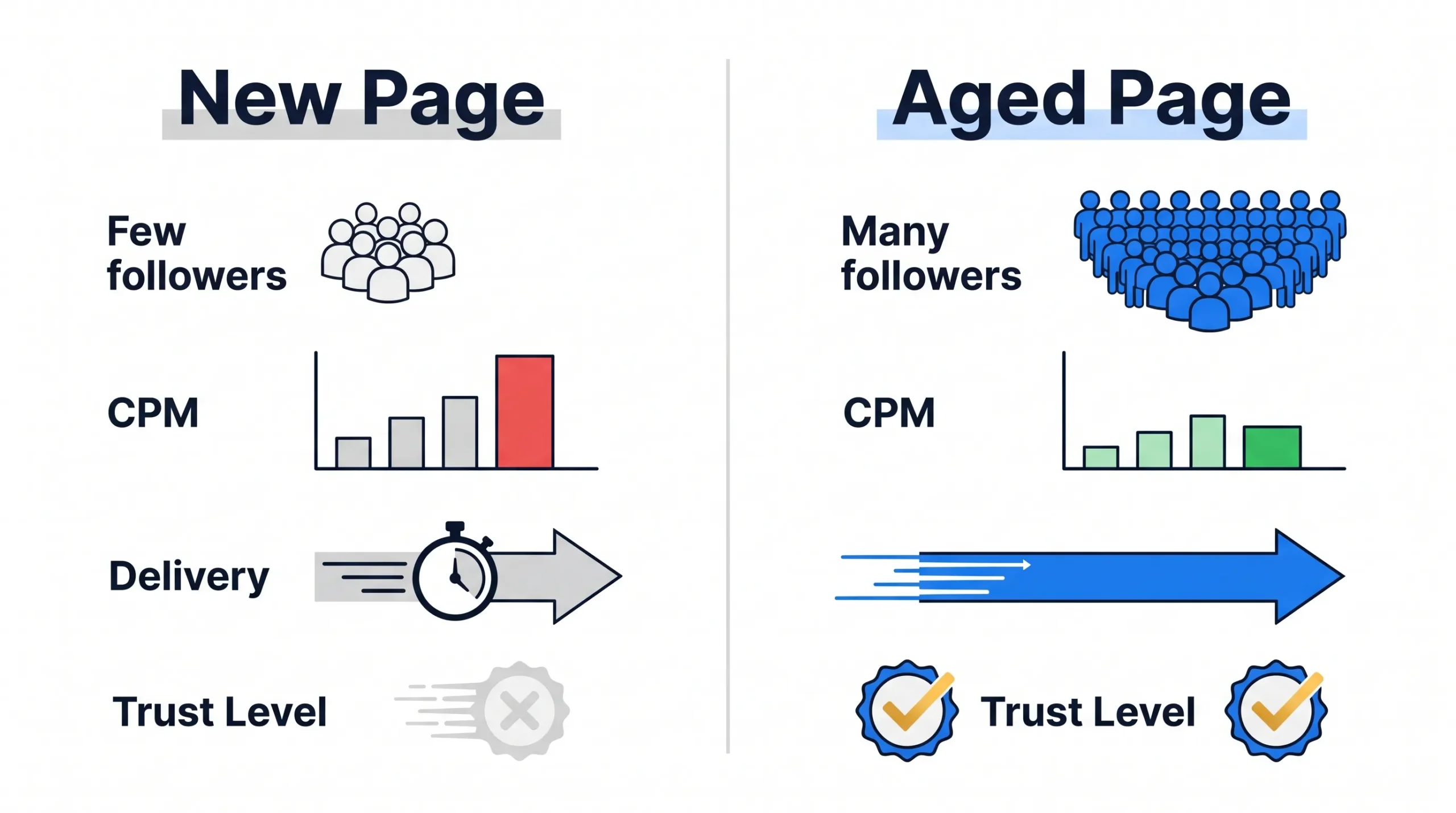 Side by side comparison of new Facebook page versus aged fan page for advertising performance