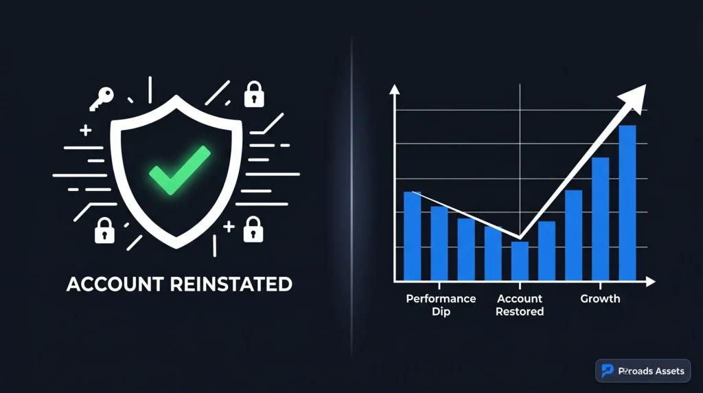 Reinstated Facebook ad account recovery showing trust restoration and performance graph